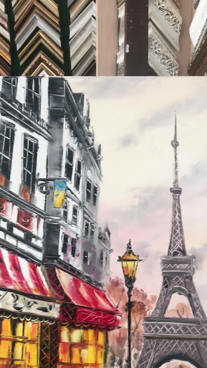 パリの愛の油絵 オリジナルのロマンチックなカップルの絵画 エッフェル