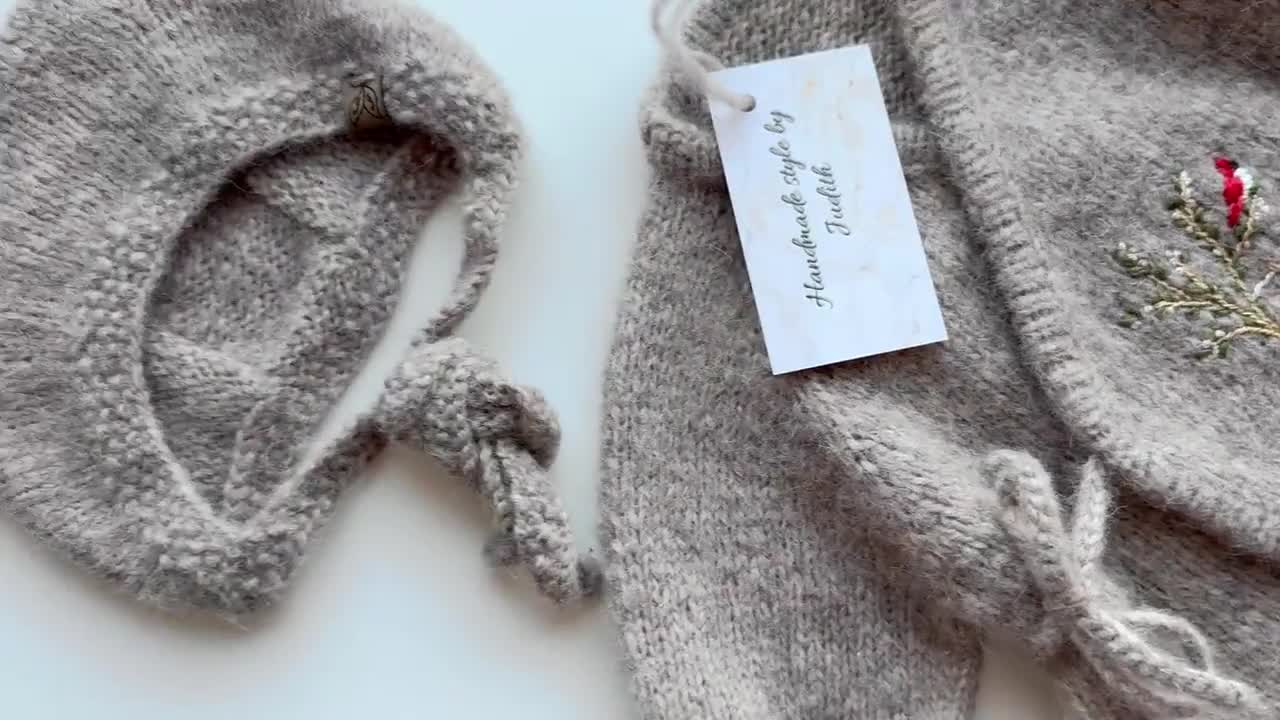 Hand Knitted Alpaca Baby Outfit: Hand Embroidery, Kimono Romper