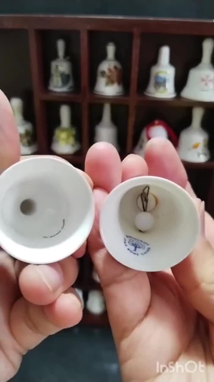 Vintage Porcelain 32 Miniature Bell Collection in Wooden Display