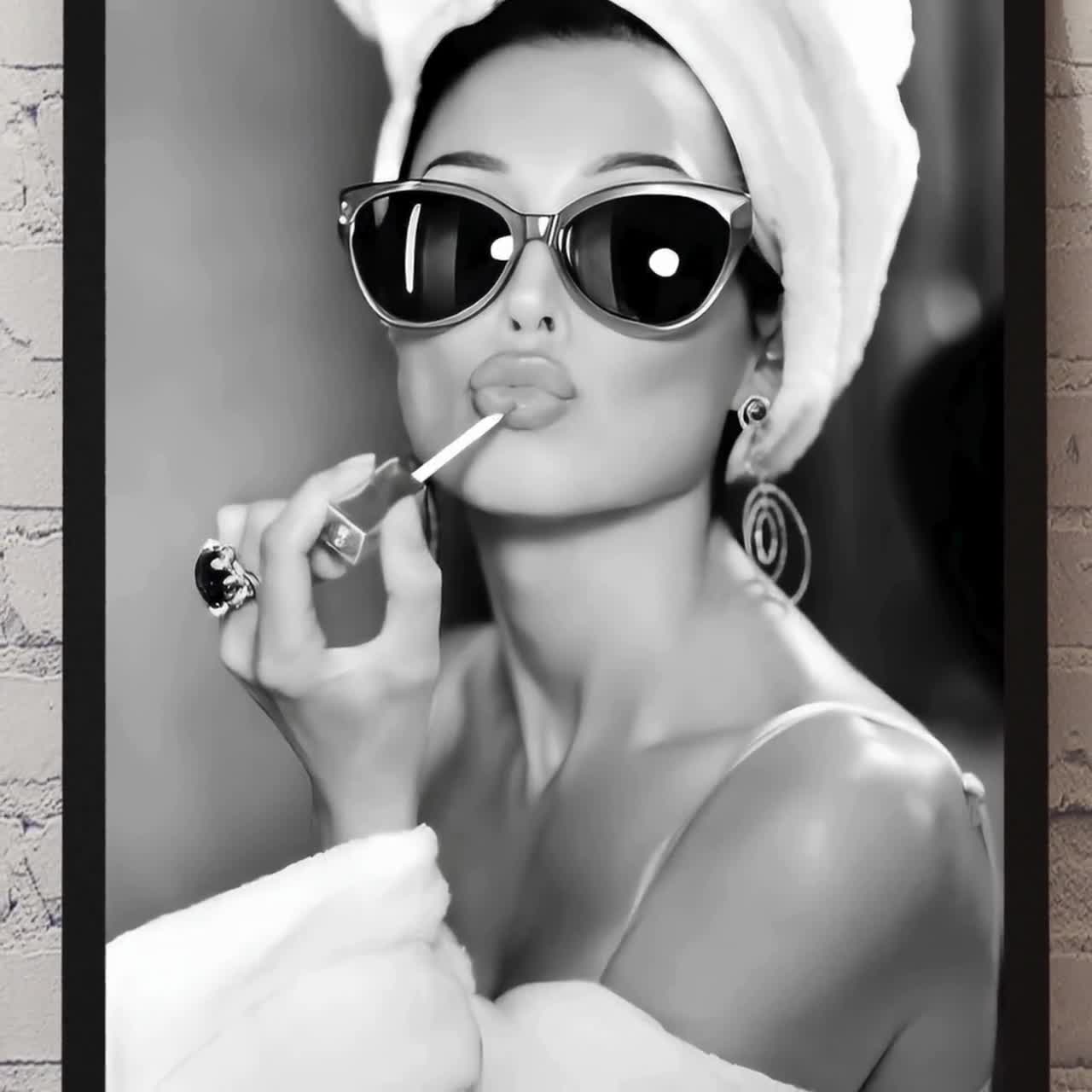 Audrey Hepburn Lipstick Print, Black and White Wall Art Vintage