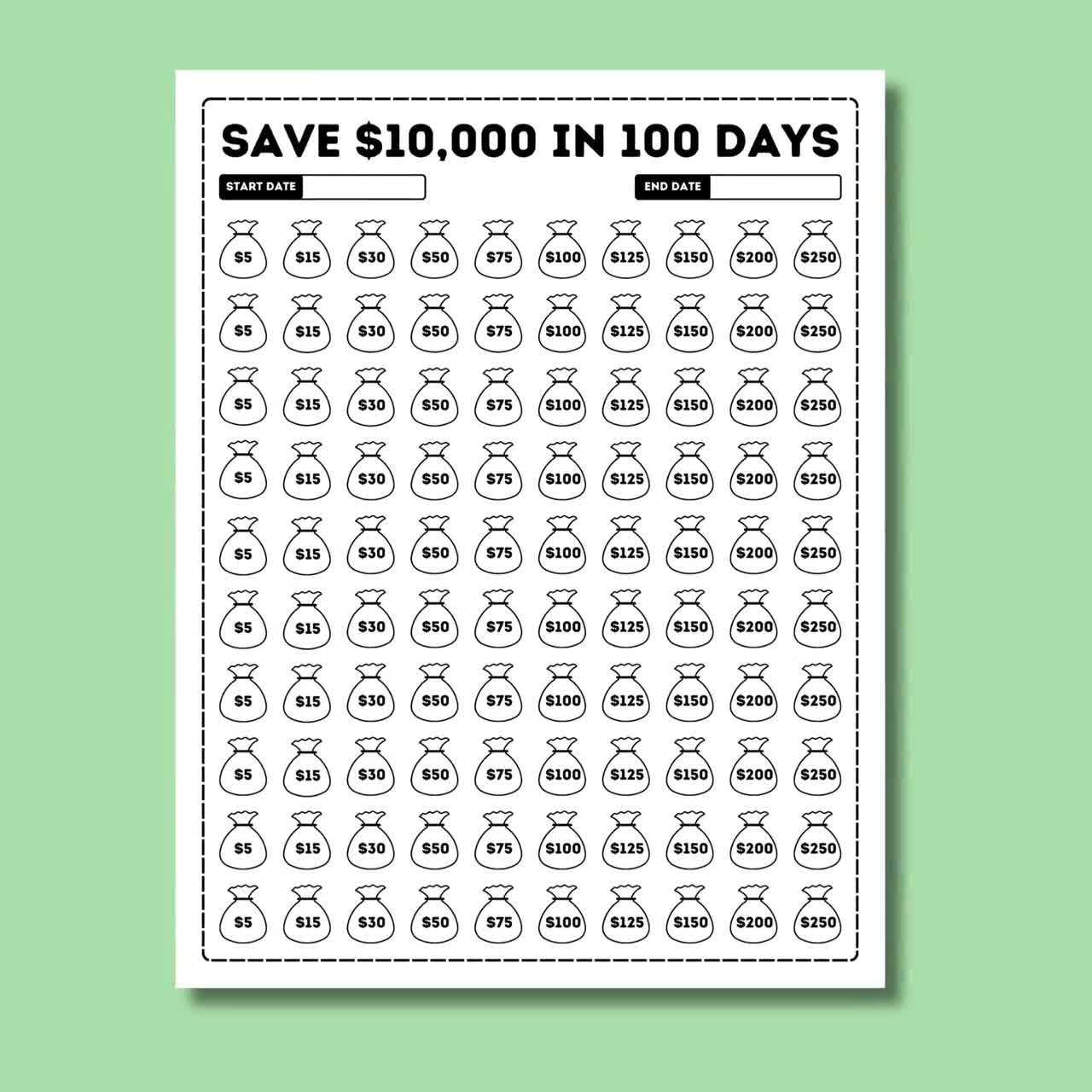 10K in 100 Days Savings Challenge, Printable 10000 Savings