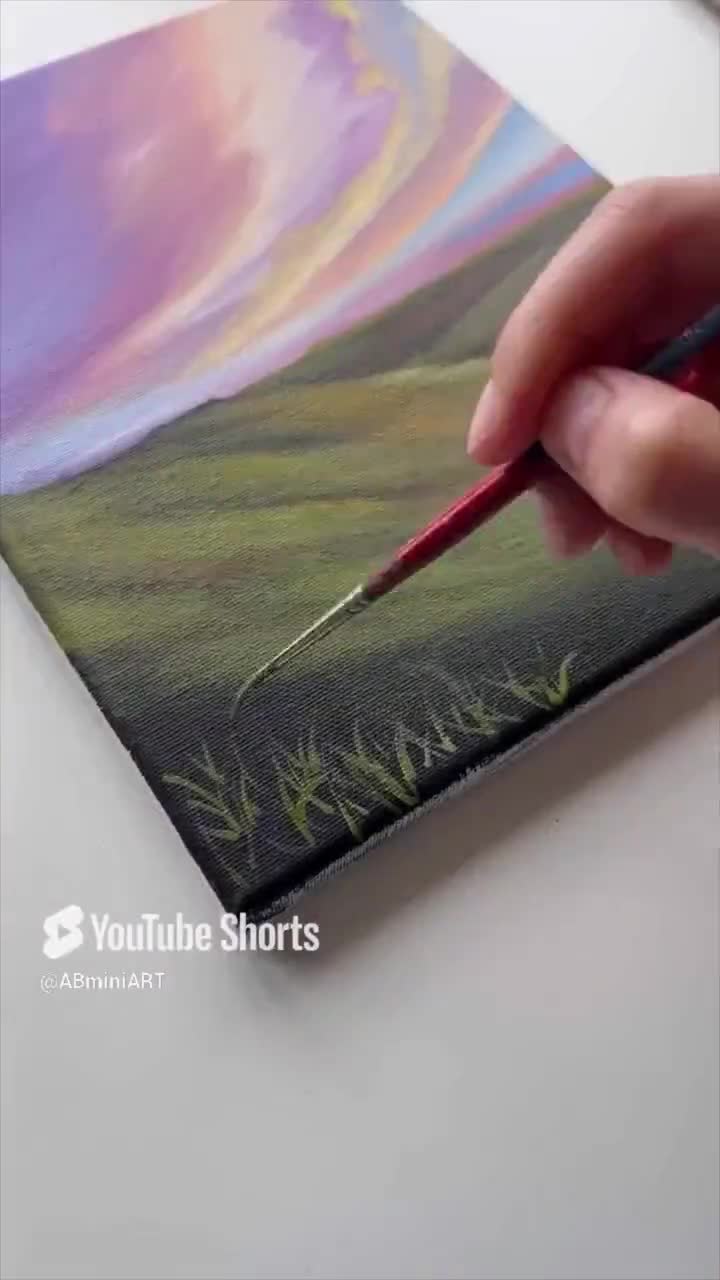 黄金の空の草原 - オリジナルアクリル画、鮮やかな夕焼けの風景