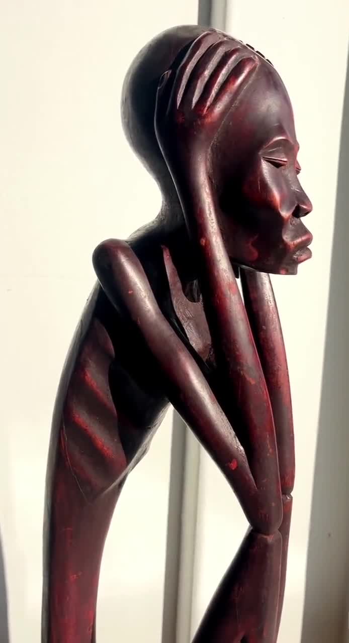 Vintage Large Carved Wooden Sculpture Thinker O Pensador African