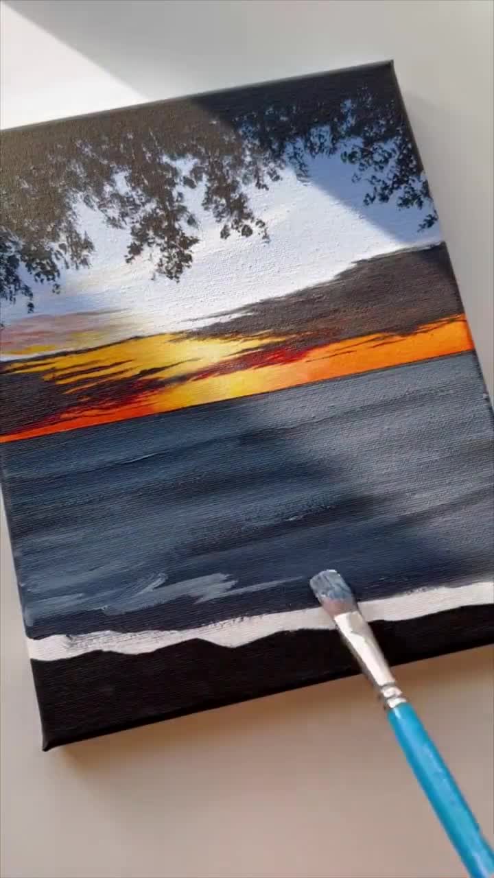 穏やかな夕焼けの海の絵画：オリジナルアクリルアート（8x10） - Etsy 日本
