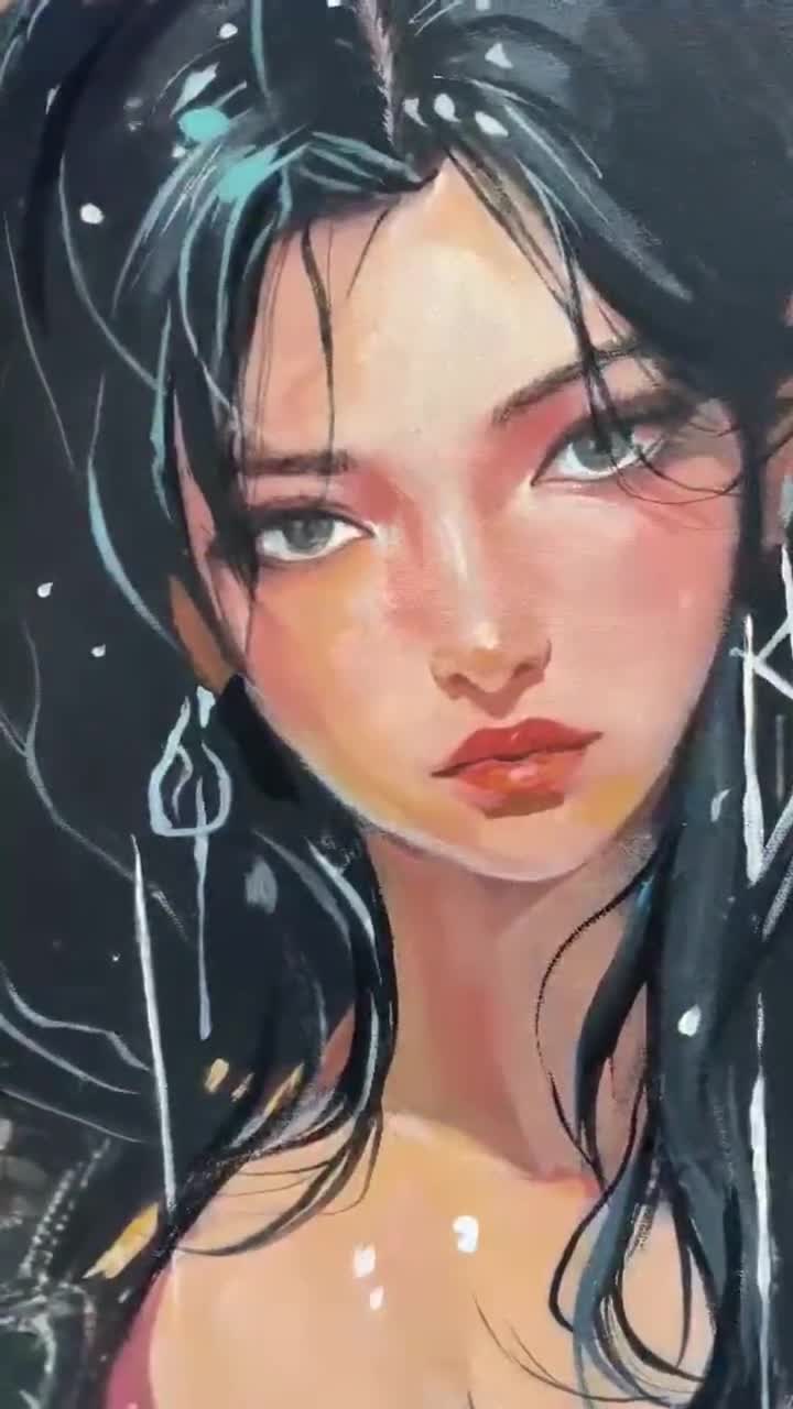 現代女性の肖像画油絵 – 大胆な質感で描かれた女性の顔の抽象的な