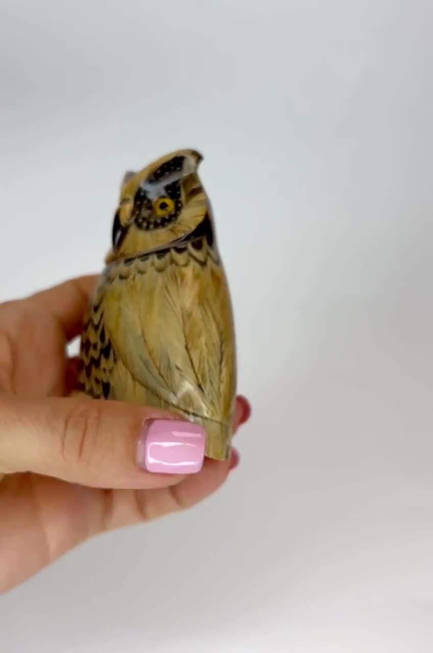 水牛の角でできたフクロウの置物、手彫りのコレクターズアイテム、精巧