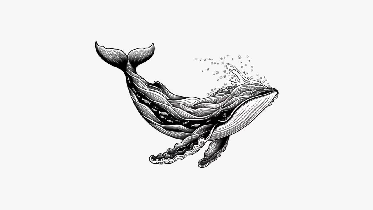 精巧なクジラのイラストPNG、白黒の手描きの海洋動物クリップアート