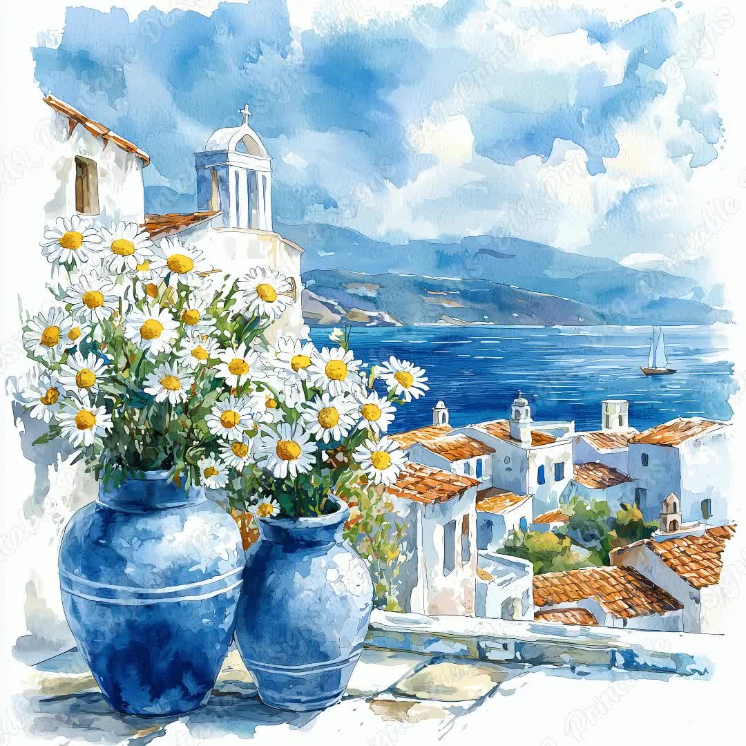 花柄のギリシャの村のクリップアート、地中海の風景（JPG デジタル