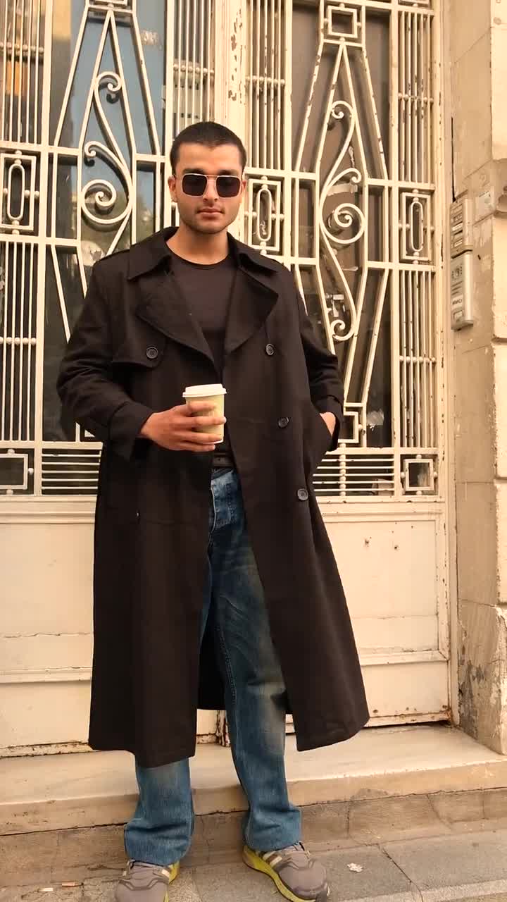 Oversized Trench Coat Black- 80s Vintage Unisex Style, Shoulder