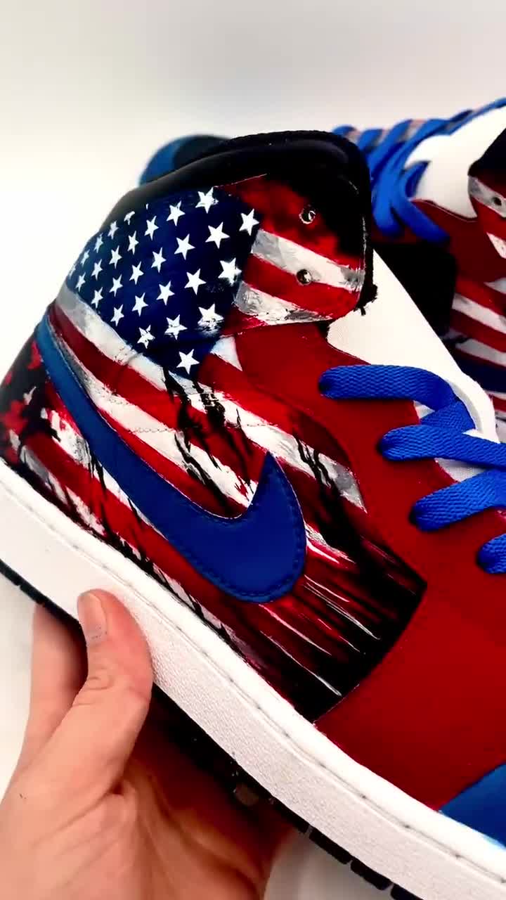 Hand-painted American Flag Nike Jordan 1 Mid Sneakers, Custom