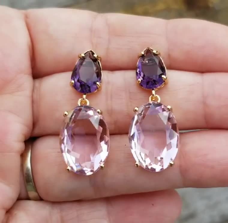 14k Gold Amethyst & Pink Tourmaline Double Drop Stud Earrings