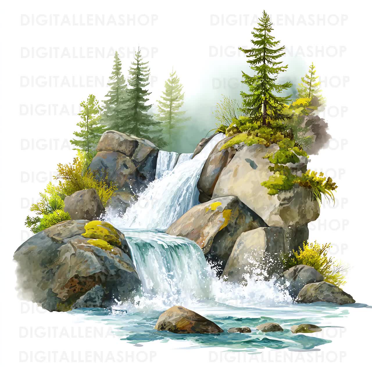水彩画の滝のクリップアートセット：風景自然イラスト（JPGファイル
