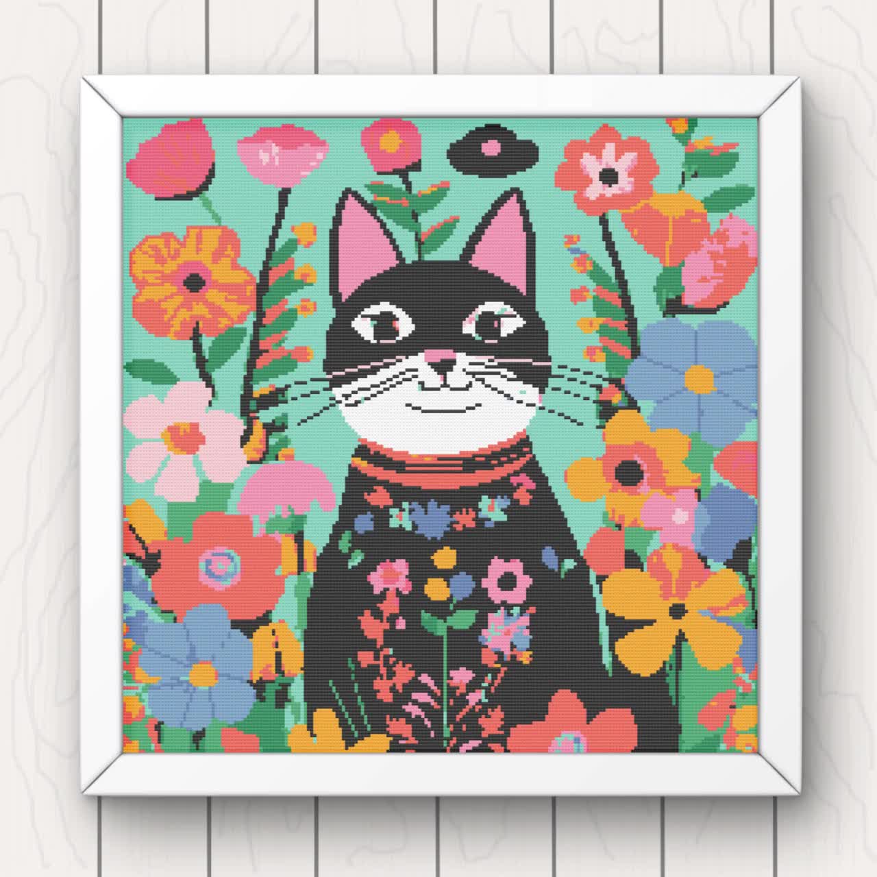 Whimsical Cat Cross Stitch Pattern: Modern Colorful Feline (PDF