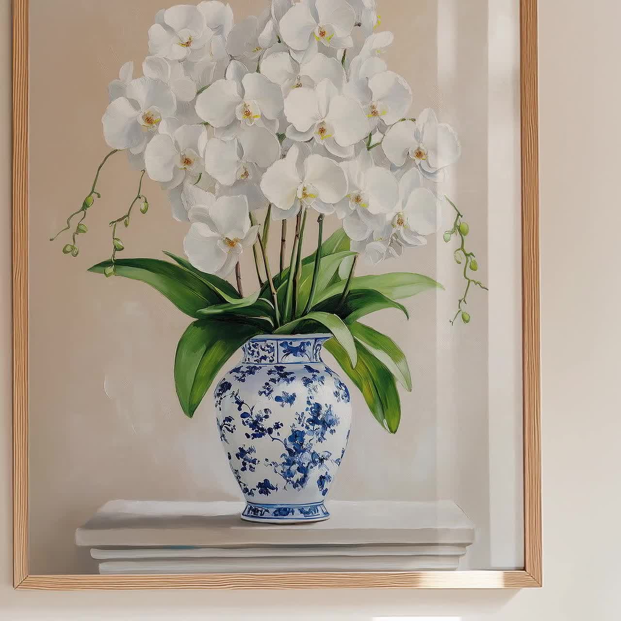 White Orchid in Blue Chinoiserie Vase | Elegant Botanical Oil