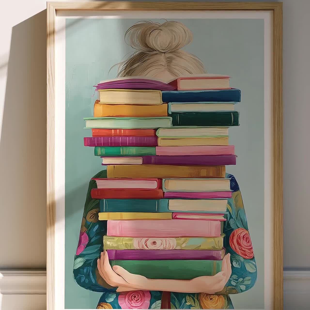 Book Lover Girl Wall Art Print, Blonde Reader Poster, Colourful