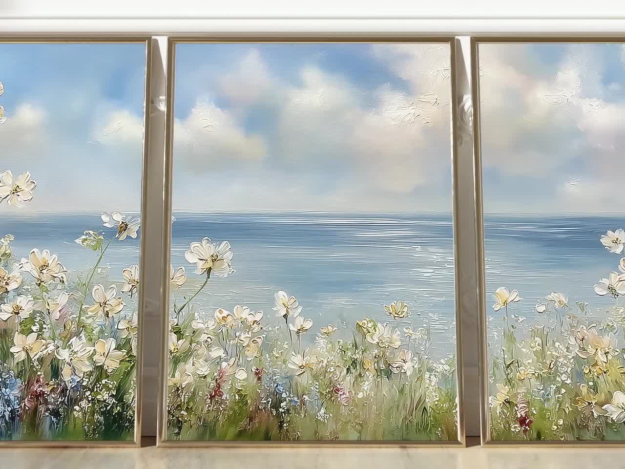 海岸沿いの野花三連画、花の草原と海の景色の壁アート、デジタル