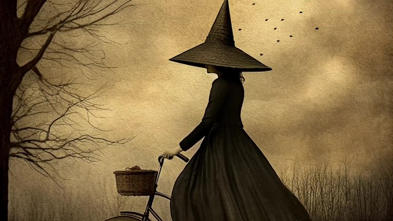 Victorian Witch on a Bicycle, Gothic Illustration Woman Riding in