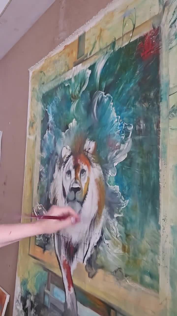 オリジナルライオン油絵 - カラフルな野生動物のファインアート - 大型