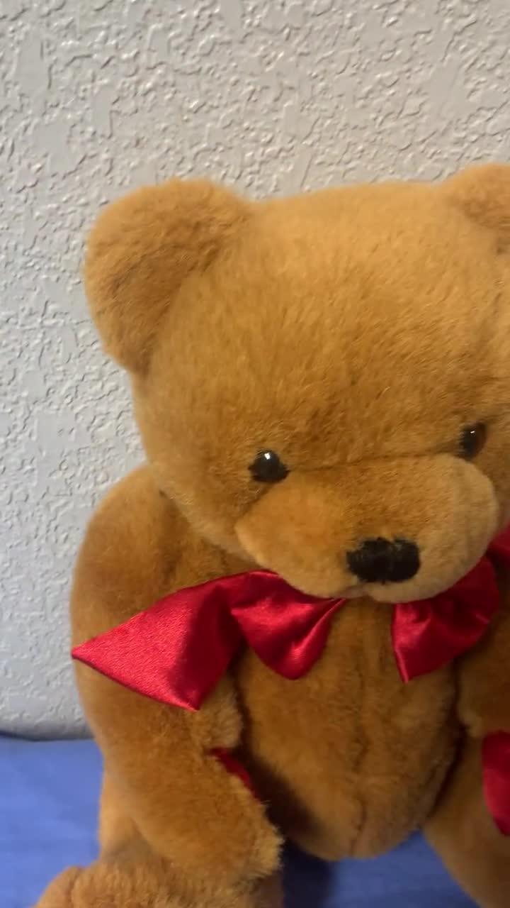 赤いリボンが付いた茶色のぬいぐるみテディベア、ぬいぐるみ