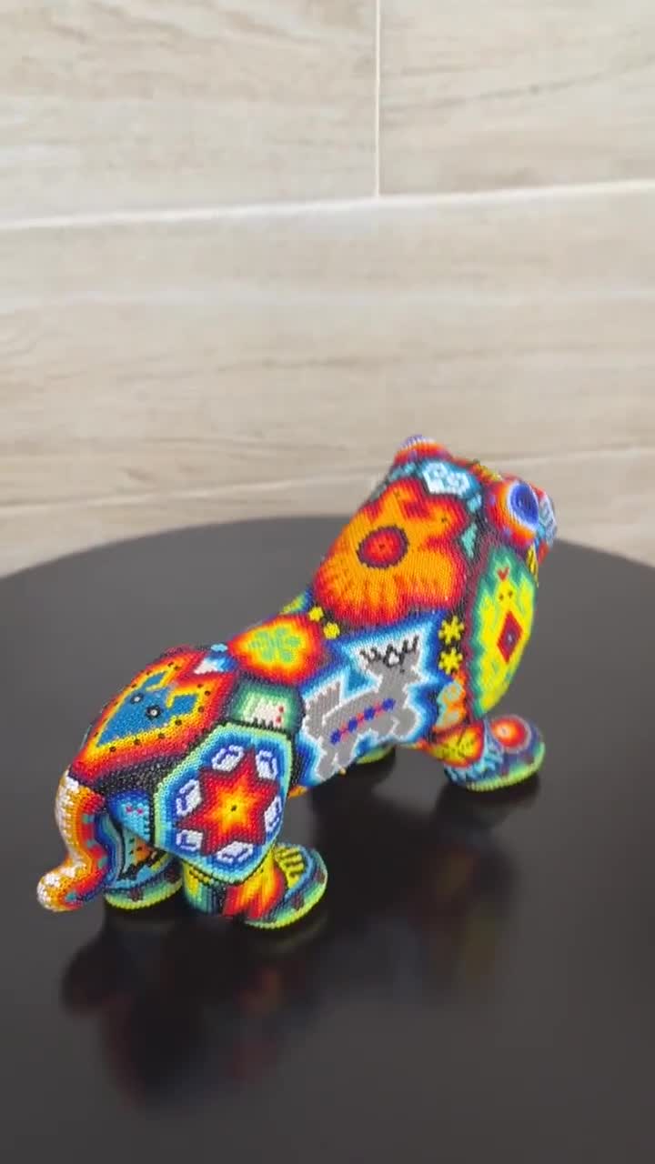 Huichol Beaded Lion Figurine, Handmade Colorful Mexican Folk Art