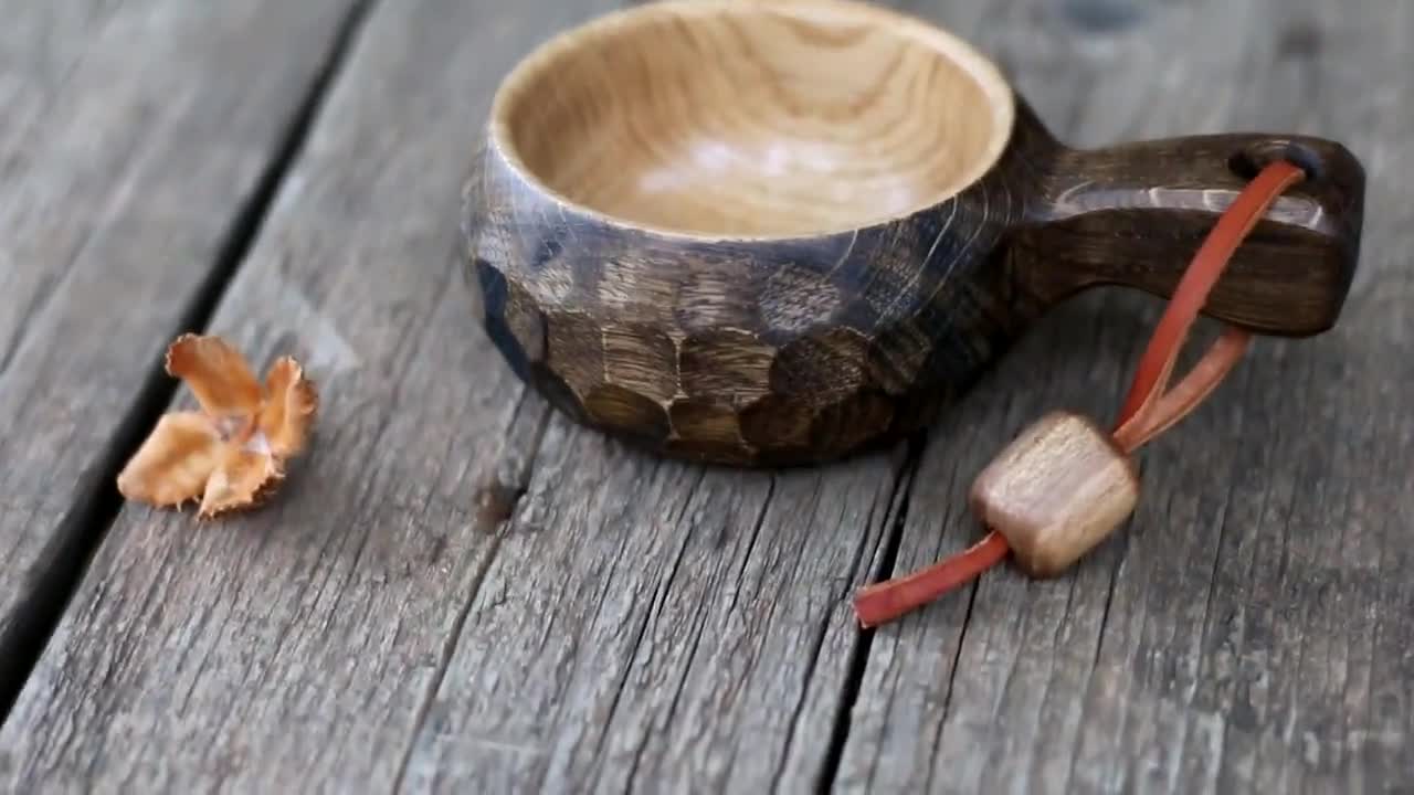 Handmade Oak Kuksa Cup: 5 Oz Carved Wooden Mug With Leather Strap