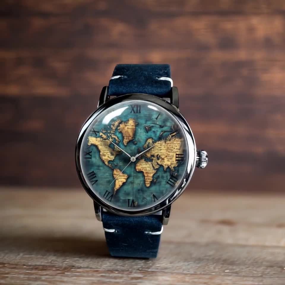 Vintage Retro World Map Art Mechanical Leather Wrist Watch - Etsy