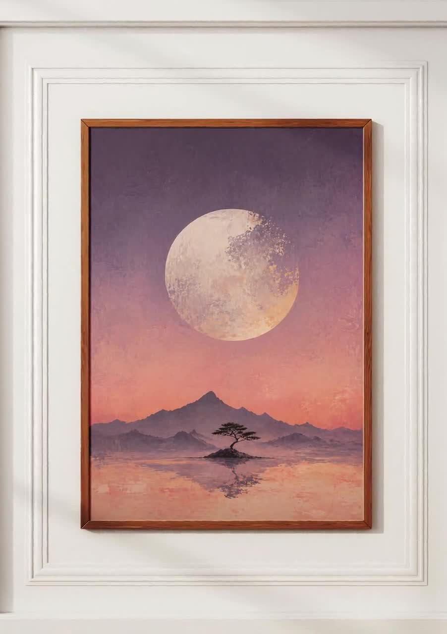Full Moon Wall Art Poster, Minimalist Landscape Print, Japanese