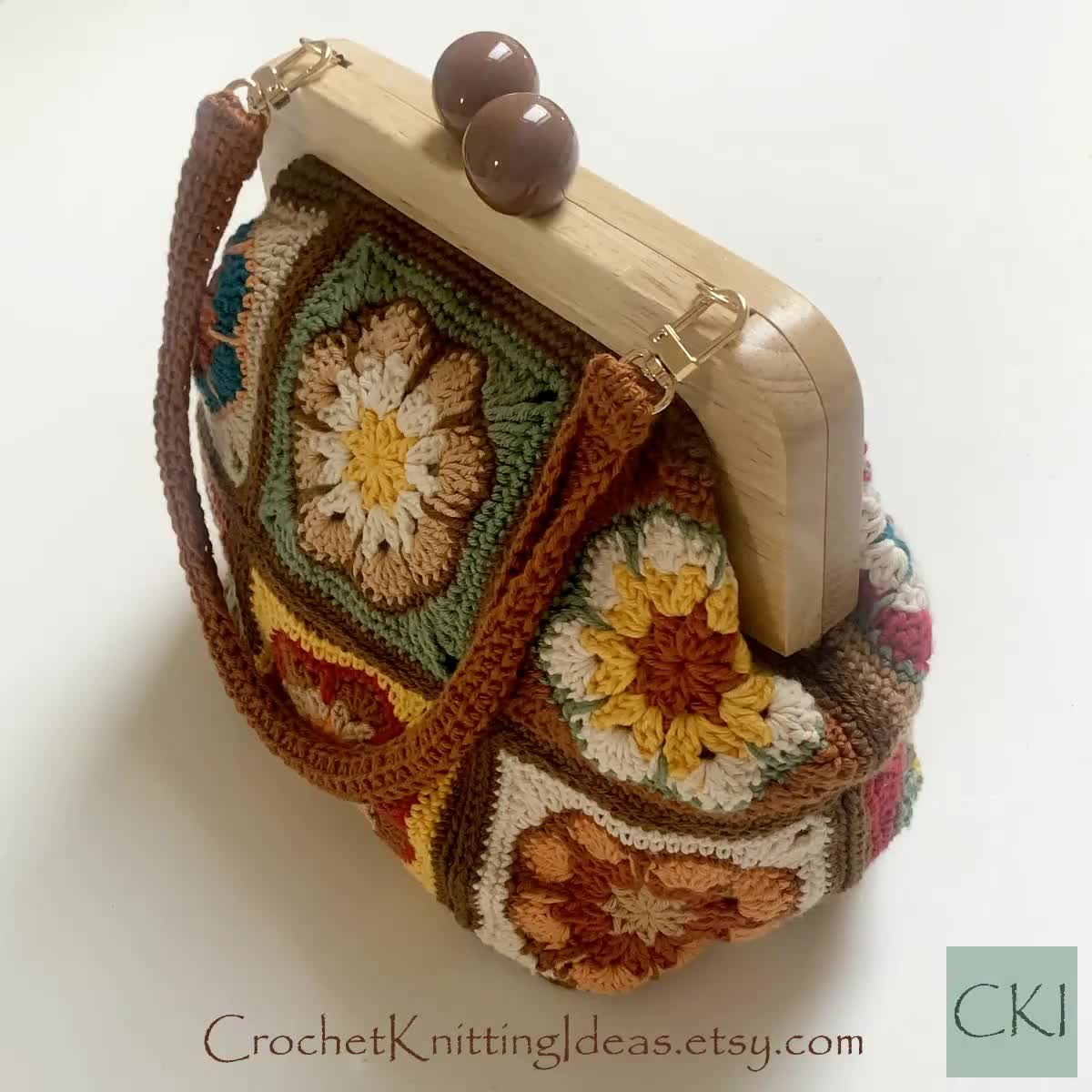 African Flower Crochet Clutch Pattern, Wooden Frame Bag, Granny