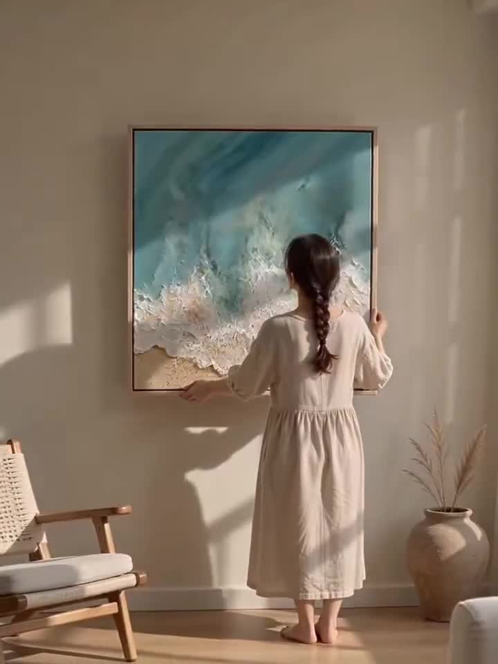 3Dテクスチャ加工のビーチ絵画、額装済み海岸キャンバスアート - Etsy 日本
