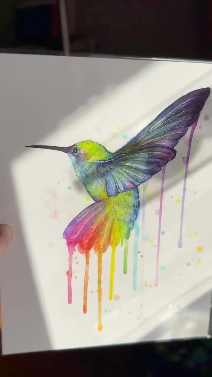 ハチドリのアートプリント、虹色の水彩画、動物の絵、虹色のハチドリ