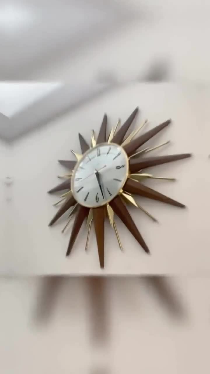 1960s Metamec Teak Brass Sunburst Clock – Mid Century Modern Wall