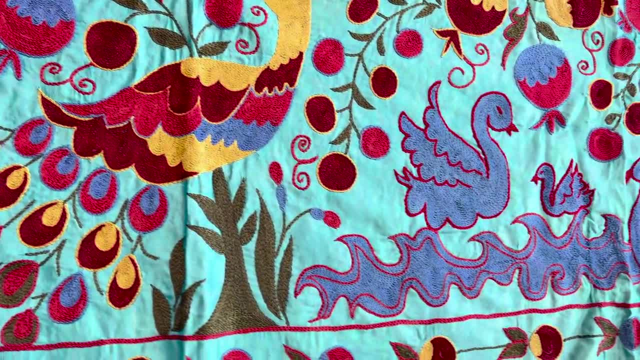 Blue Uzbek Suzani Textile – Peacock, Bird & Floral Motif Wall Art