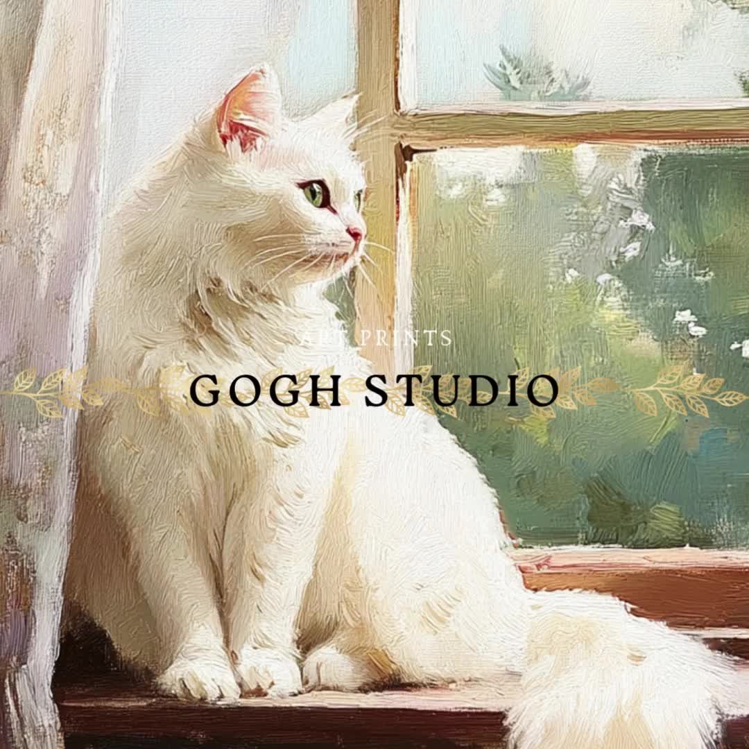 白い猫の窓辺の肖像画 ヴィンテージ ウォールアート 印刷可能な