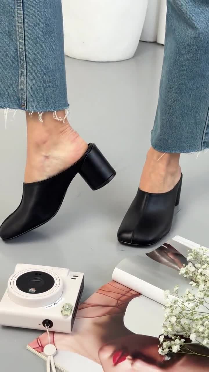 Square Toe Block Heel Clogs, Leather Mules, Minimalist Black