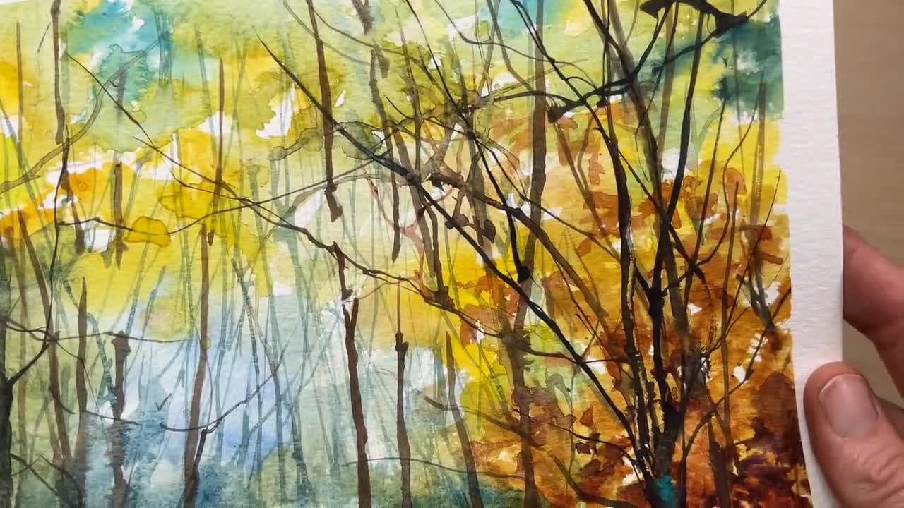 オリジナルの水彩画：森の中、森の風景、秋のハイキングコースの絵画