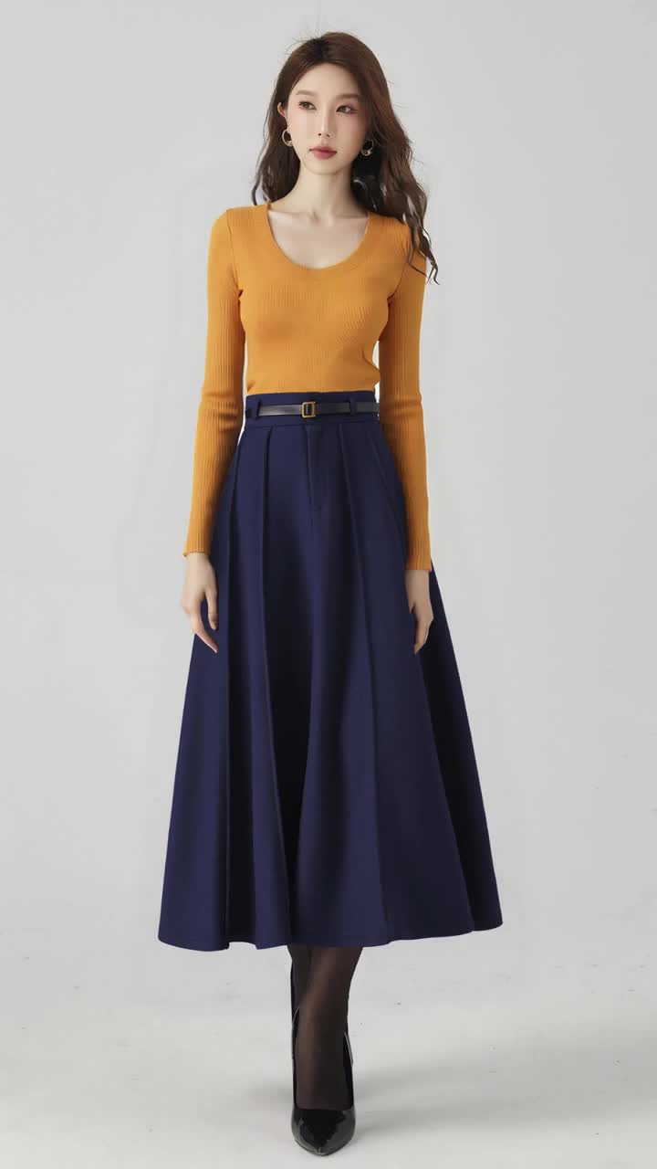 Navy Wool Midi Skirt: High Waist Pleated A-line Winter Skirt