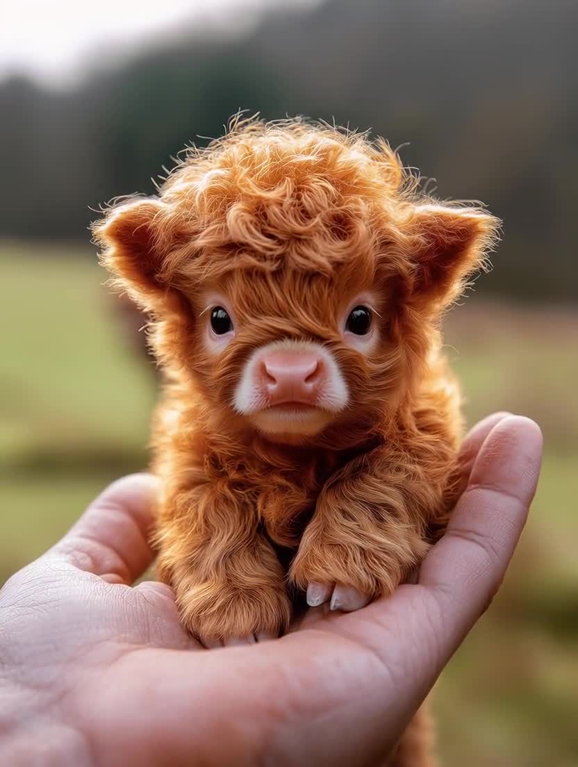 手のひらに収まるほど小さなハイランド牛の赤ちゃん（デジタルプリント