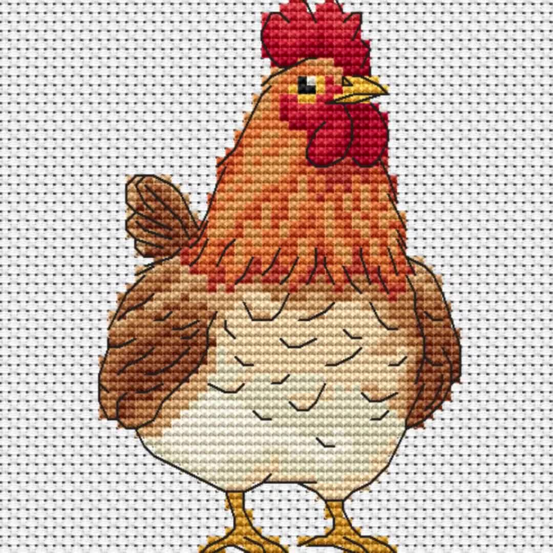 鶏のクロスステッチパターン、鶏の刺繍、モダンファームクロスステッチ