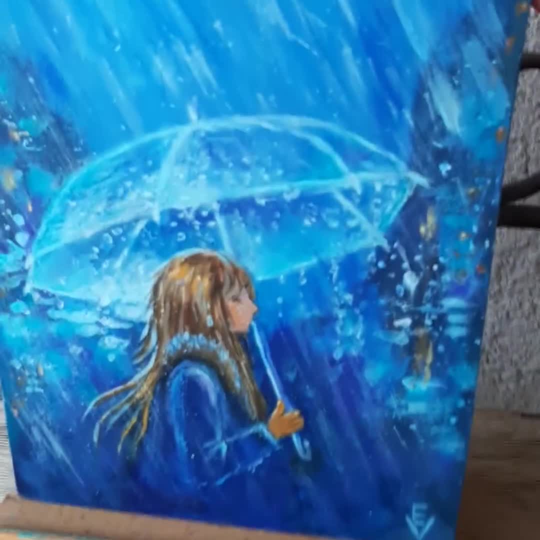 オリジナル油絵：雨の中傘を持つ少女、8x6 - Etsy 日本
