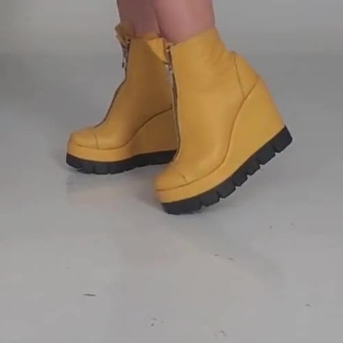 Yellow Leather Wedge Ankle Boots: Front Zipper Platform Shoes - Etsy
