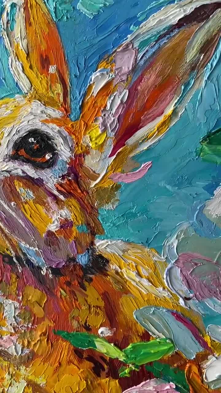 印象派のウサギの絵画：花のウサギのオリジナル油絵（9.8インチ×9.8