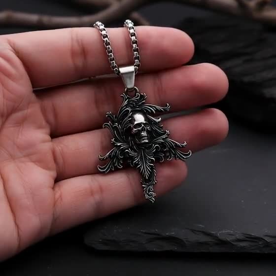 Gothic Skull Cross Necklace, Ornate Filigree Memento Mori Pendant