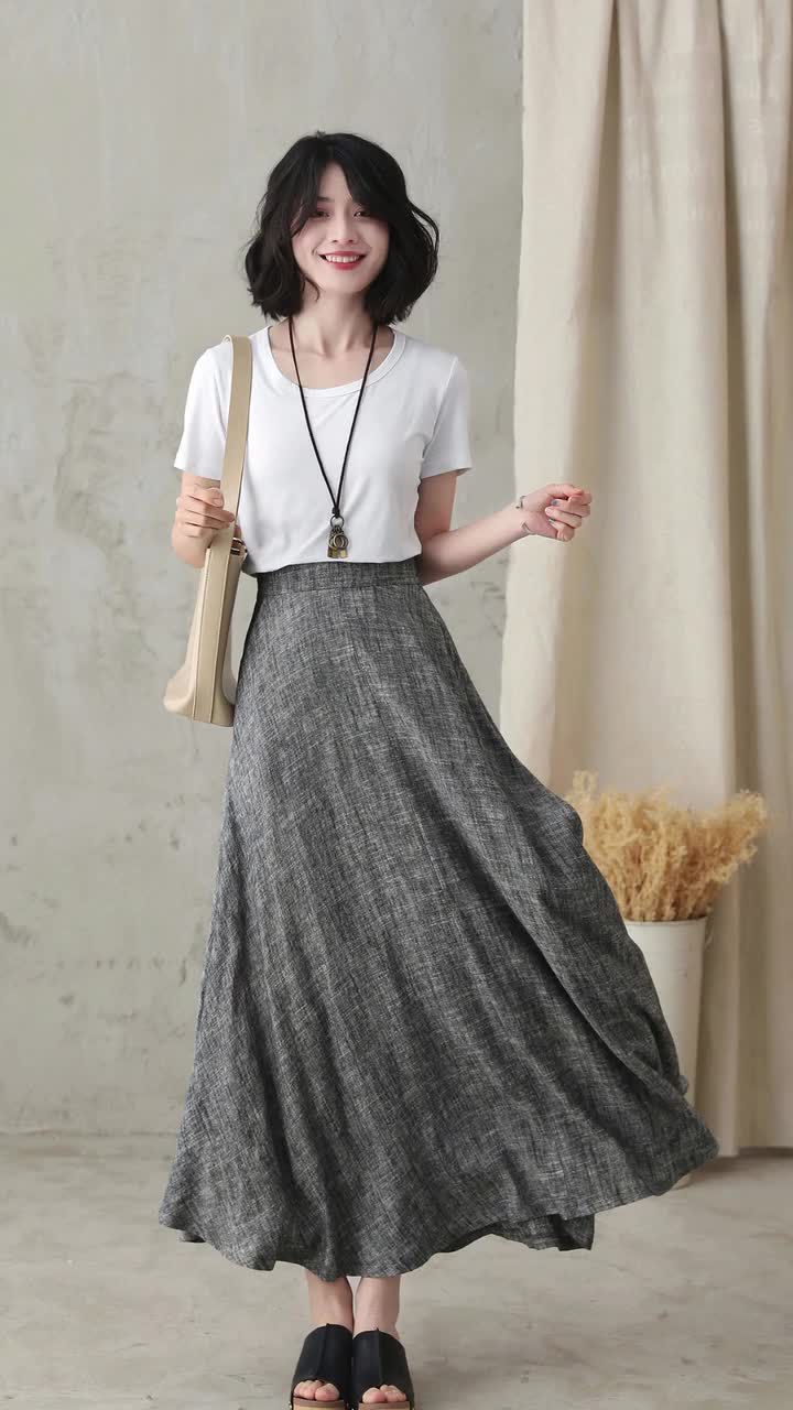 Long Linen Skirt, Grey Linen Maxi Skirt With Pockets, A Line Full