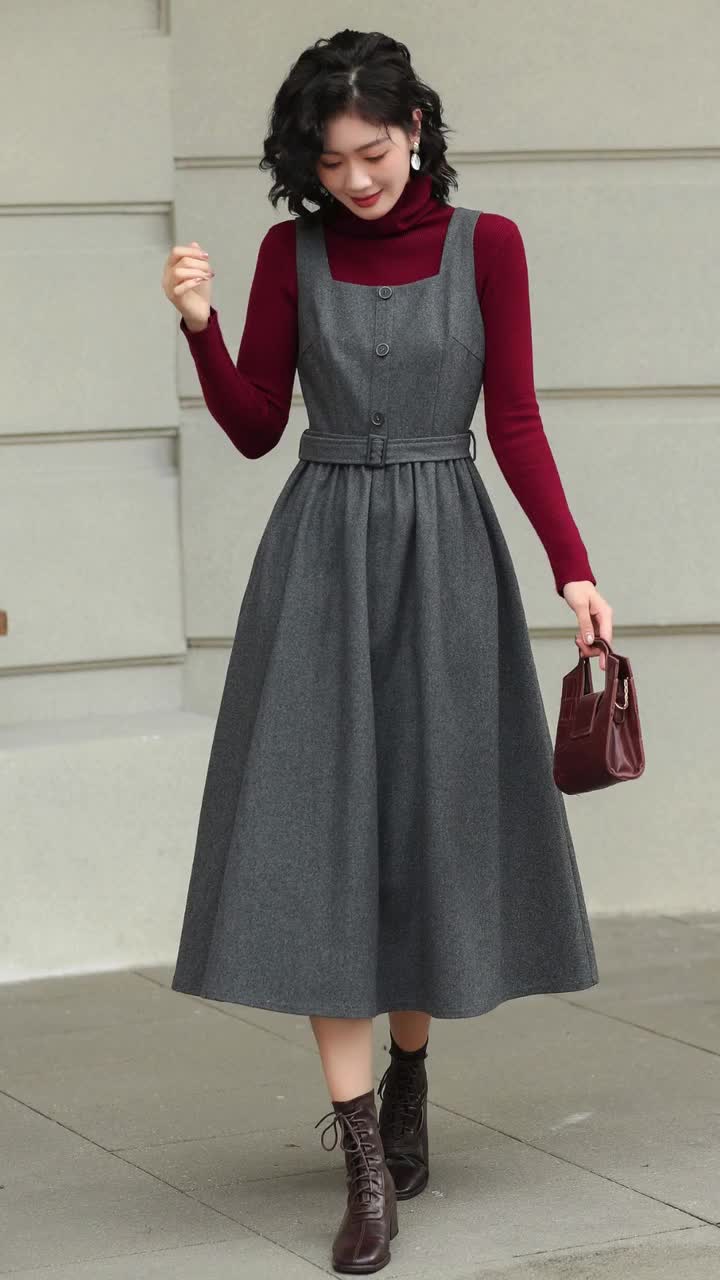 Grey Wool-blend Pinafore Dress: Women A-line Midi Jumper With Belt