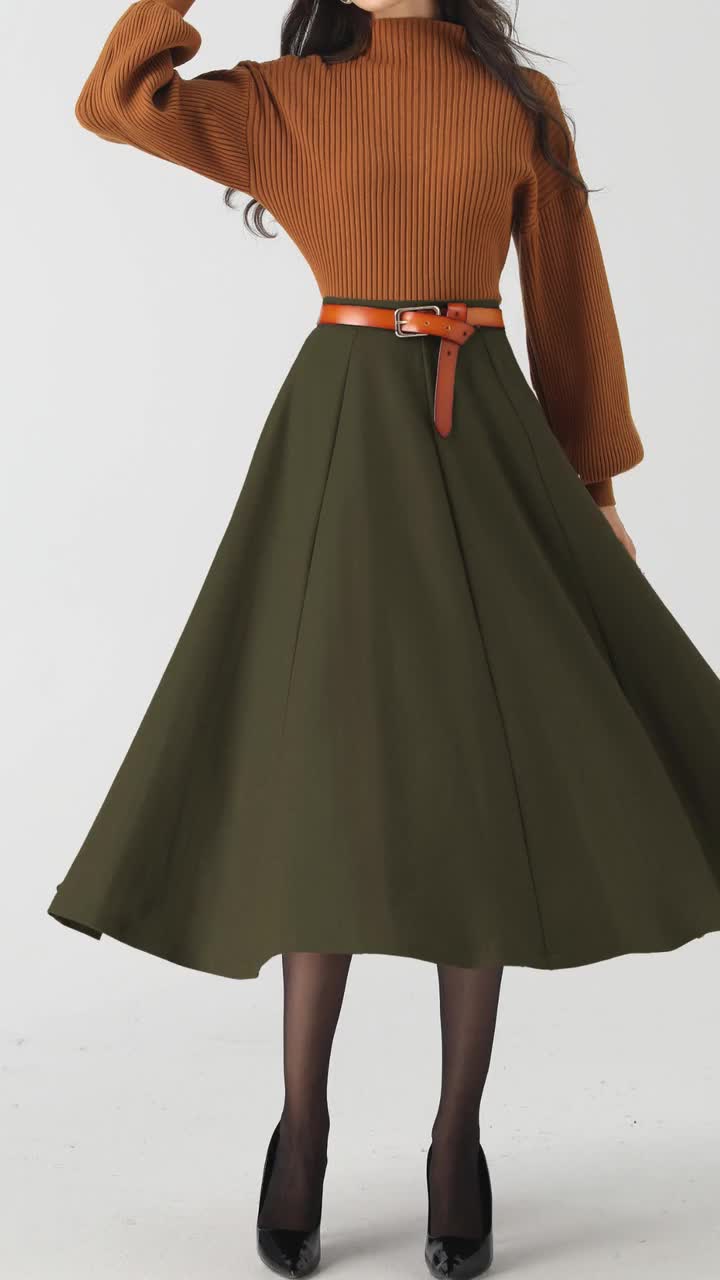 Womens Winter Wool Work Skirt, Army Green Wool Midi Skirt, A-line