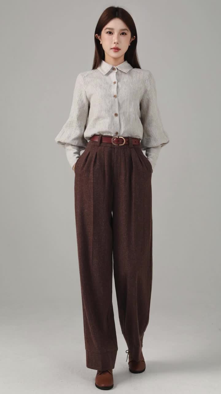 Brown Wool Blend Wide Leg Pants: High Waist Long Trousers, Custom