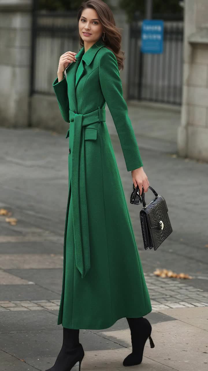 Emerald Green Wool Coat, Long Wool Coat, Double-breasted Wool Coat