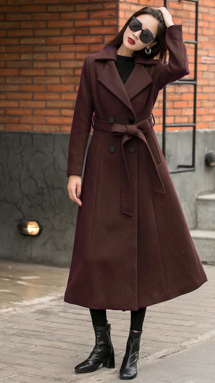 Brown Wool Blend Trench Coat, Long Double Breasted Belted Winter