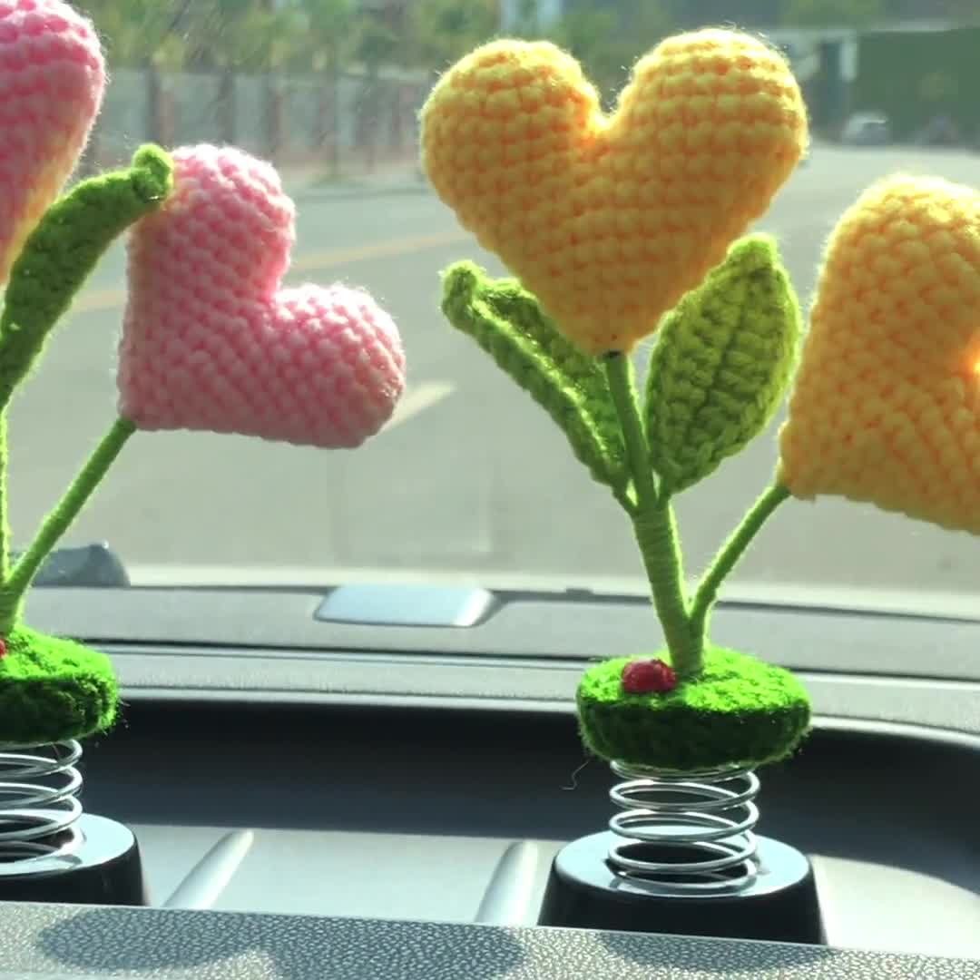 Crochet Heart Flower Car Decor, Pink Yellow Blue/custom Bobble