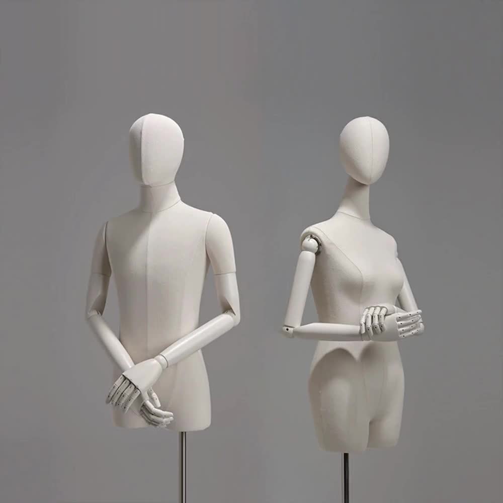 女性用マネキン リネン風生地 リネンの女性マネキン：白い木製のアームが付いた調節可能なドレス